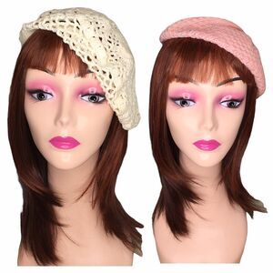 Lot of 2 Berets Womens Cream/Pink‎ Crochet Slouchy Hat Cap Indie Boho Hippie